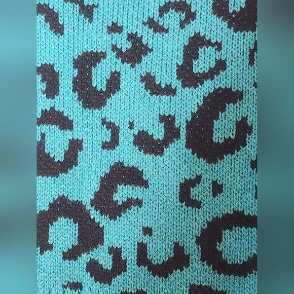 NWT Nine West M TurquoisBlackRibbed LeopardKnit Cropped Turtleneck Women Sweater - Picture 7 of 12